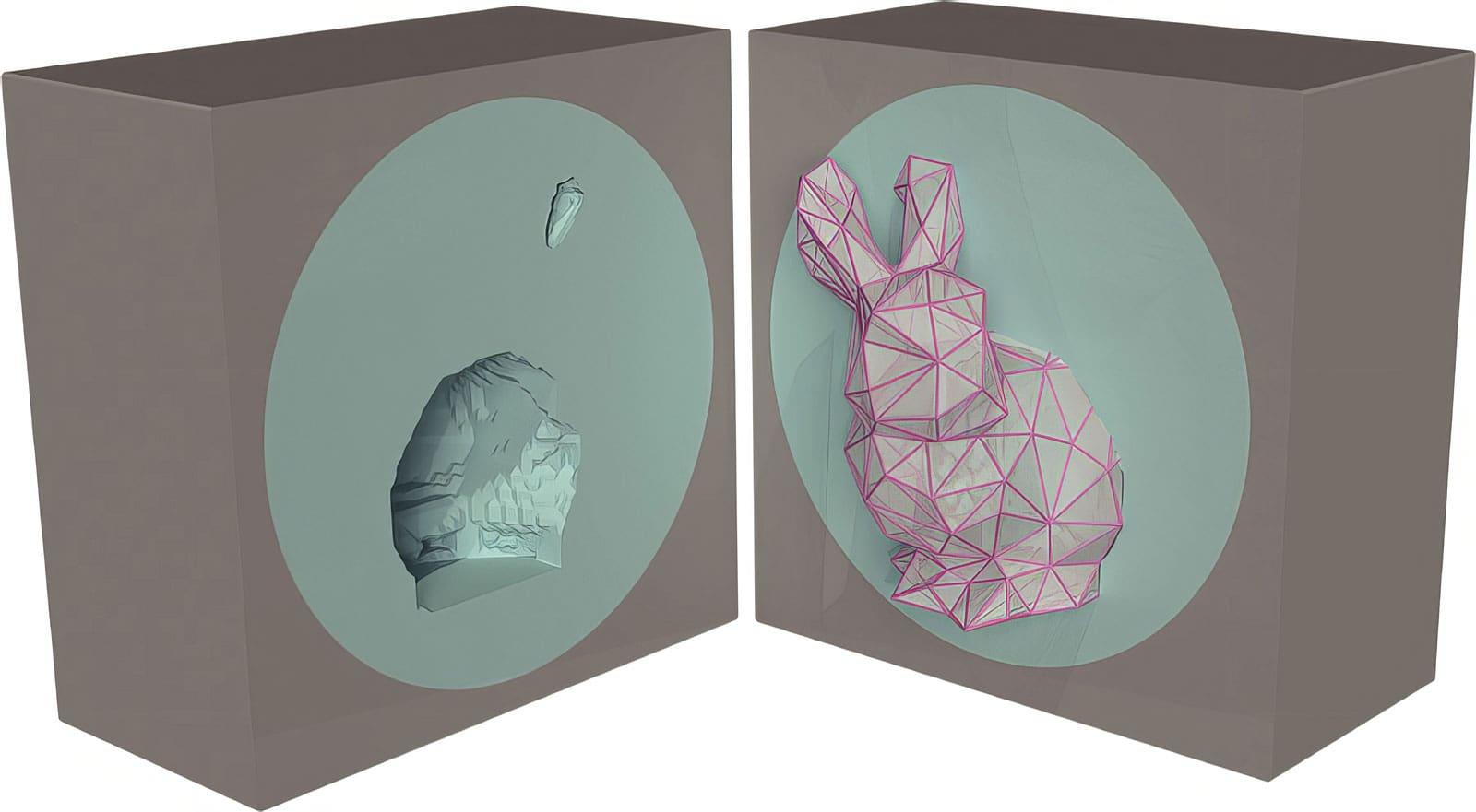 A cube split in half to show a rabbit shaped structure embedded inside it.